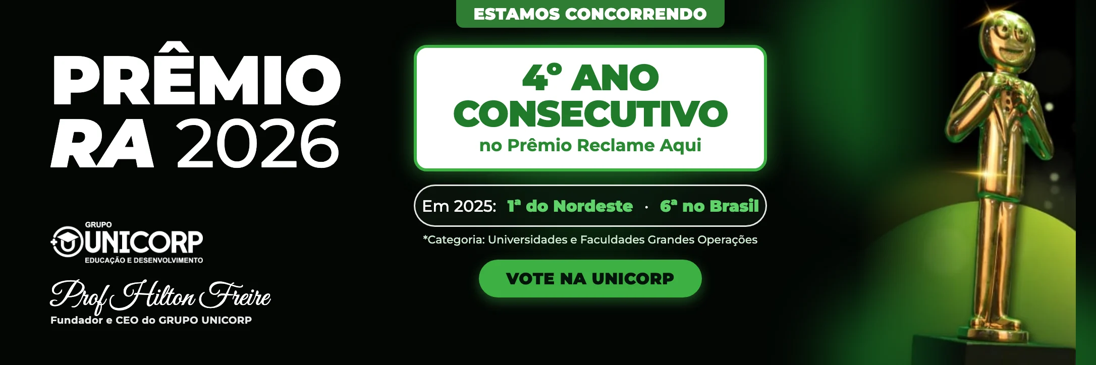 Prêmio Reclame Aqui 2026: a Unicorp concorre pelo 4º ano consecutivo. Em 2025 foi a 1ª do Nordeste e a 6ª do Brasil na categoria Universidades e Faculdades Grandes Operações. Vote na Unicorp